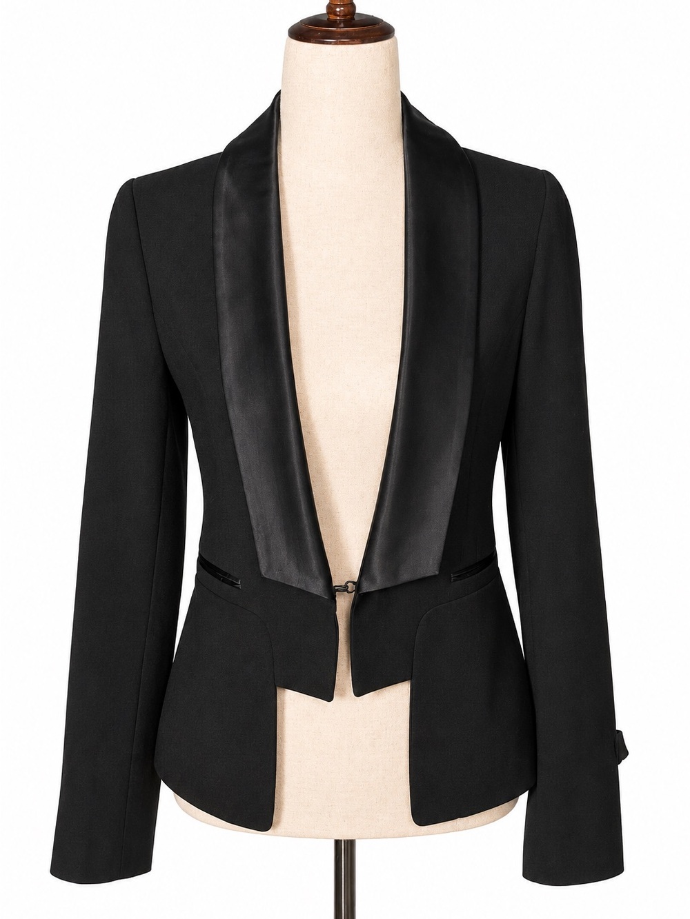 Plastic Island deconstructed tuxedo jacket.  Shiny and matte black- details- 6